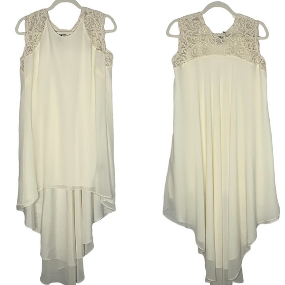 Marciano Ivory Textured Satin Lace Sleeve High Low Shift Dress - Picture 2 of 16